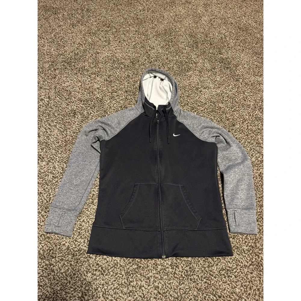 NIKE Women's L Therma Fit Full Zip Sweatshirt Black/Gray Hoodie Thumb Holes